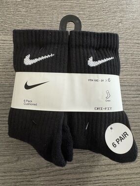 NIKE Dri-FIT 6 Pack Cushioned Crew Socks Youth 10C-3Y Black